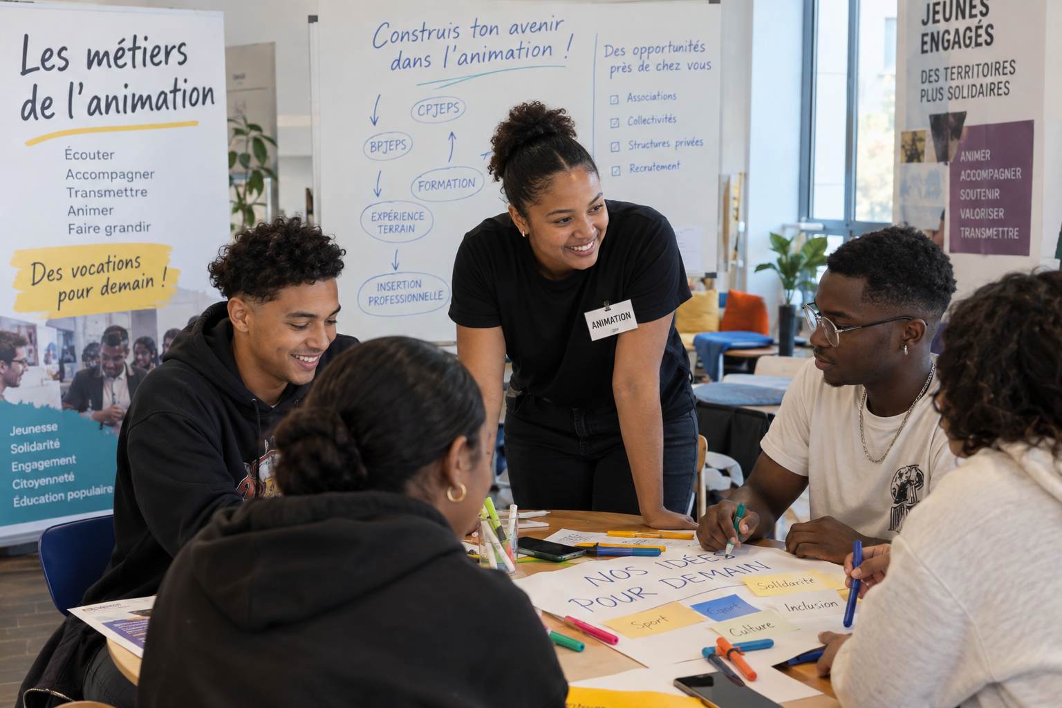 groupe de jeunes assis autour d'une table supervisé par l'animatrice de l'atelier