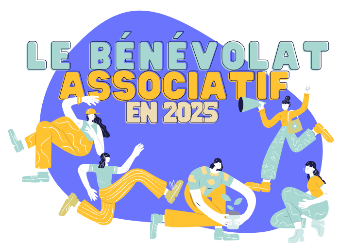 Illustration Article du Mouvement Associatif PACA : Le bénévolat associatif en 2025 par Recherche et solidarité - personnages dynamiques sur fond fushia